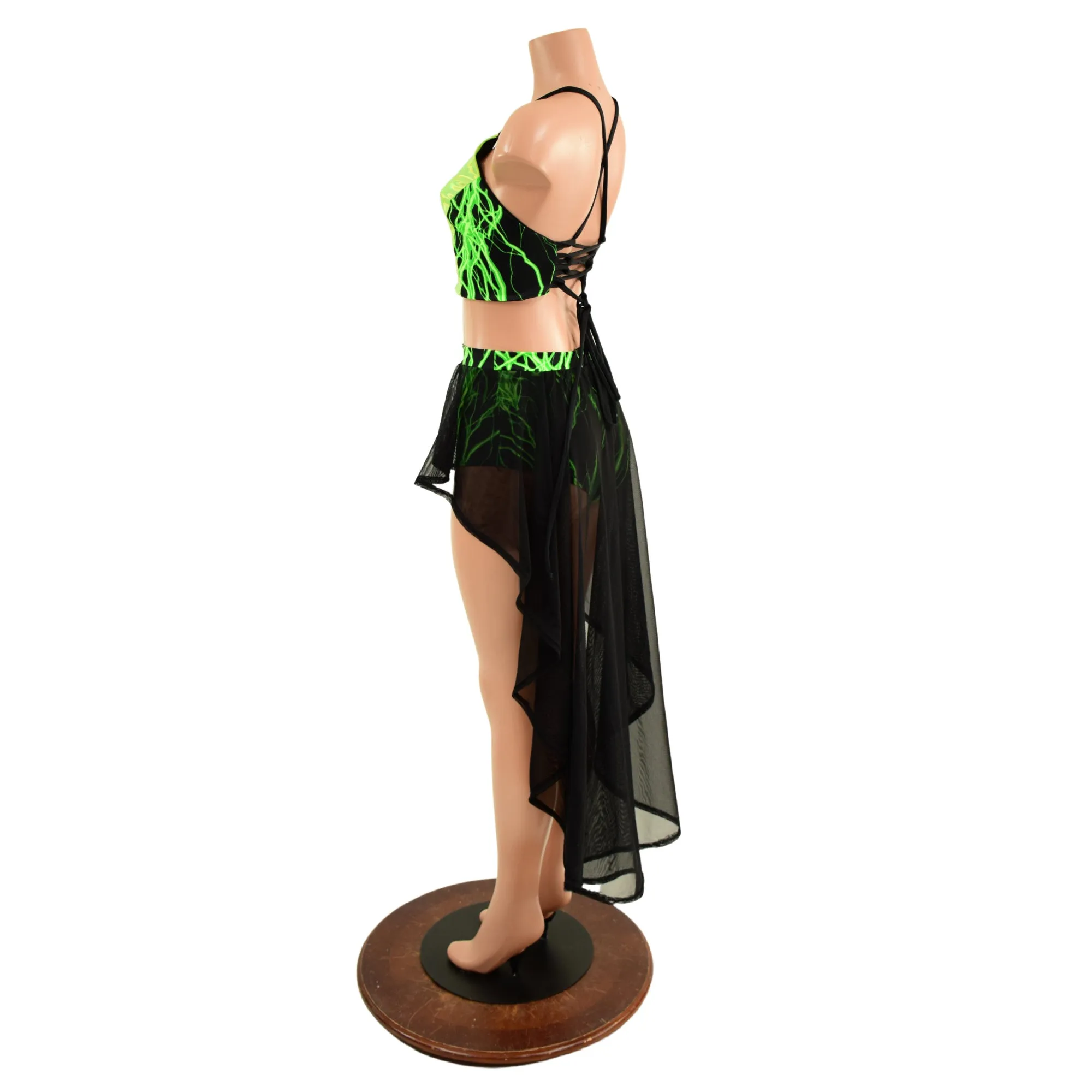 Neon Strappy Back Halter and Siren Shorts with Mesh Hi Lo Attached Skirt