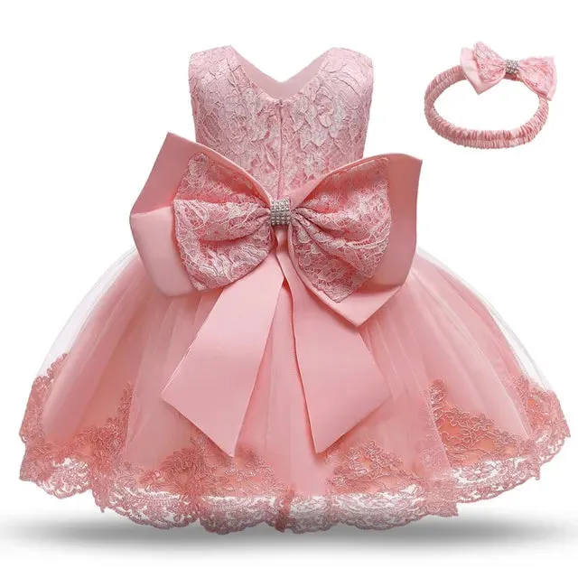 New Winter Baby Girl Dress 1 year Birthday Dress White Lace Baptism Vestido Infantil Bowknot Princess Dresses for Wedding Christmas Party