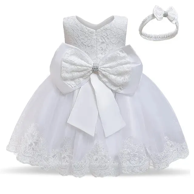 New Winter Baby Girl Dress 1 year Birthday Dress White Lace Baptism Vestido Infantil Bowknot Princess Dresses for Wedding Christmas Party