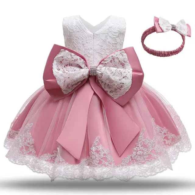 New Winter Baby Girl Dress 1 year Birthday Dress White Lace Baptism Vestido Infantil Bowknot Princess Dresses for Wedding Christmas Party