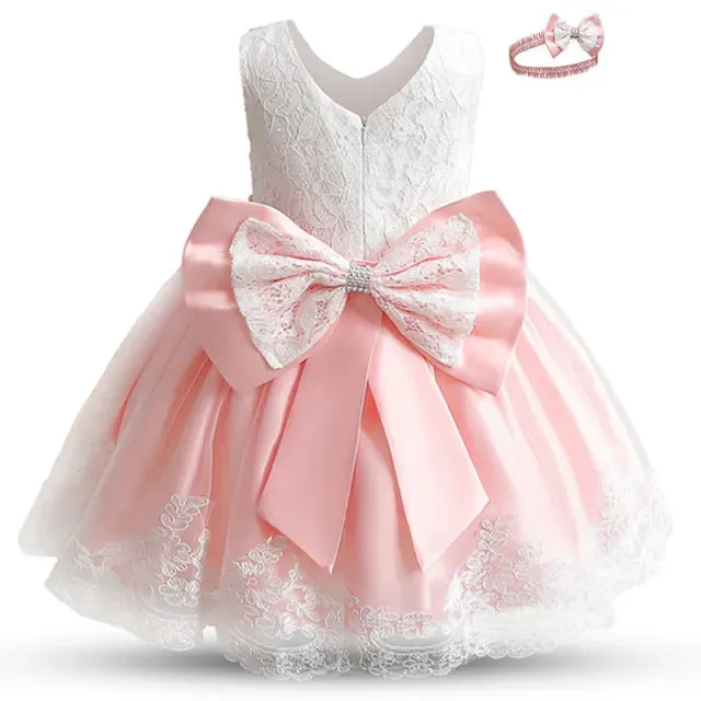 New Winter Baby Girl Dress 1 year Birthday Dress White Lace Baptism Vestido Infantil Bowknot Princess Dresses for Wedding Christmas Party