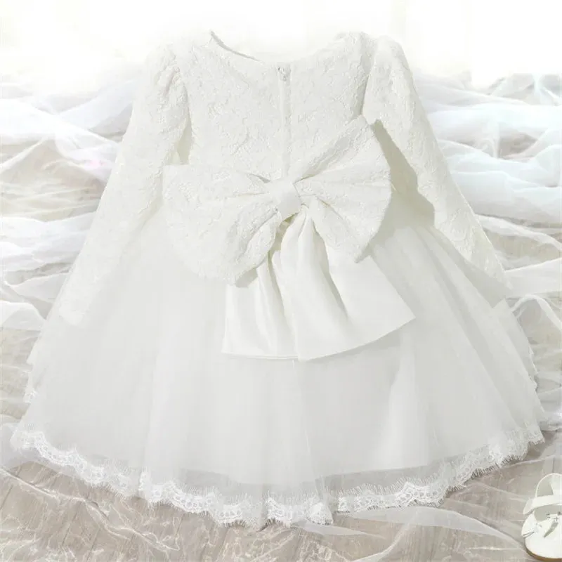 New Winter Baby Girl Dress 1 year Birthday Dress White Lace Baptism Vestido Infantil Bowknot Princess Dresses for Wedding Christmas Party