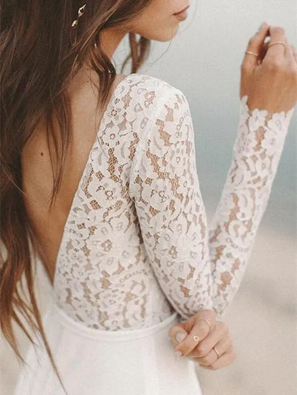 NumberSea Ivory Lace Long Sleeves A-line Chiffon Wedding Dresses, Bridal Gowns, MW526