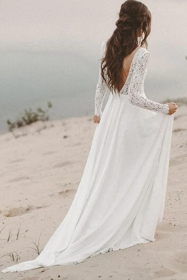 NumberSea Ivory Lace Long Sleeves A-line Chiffon Wedding Dresses, Bridal Gowns, MW526