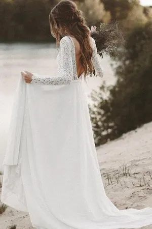 NumberSea Ivory Lace Long Sleeves A-line Chiffon Wedding Dresses, Bridal Gowns, MW526