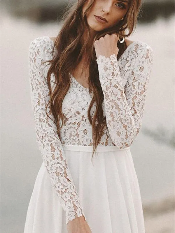 NumberSea Ivory Lace Long Sleeves A-line Chiffon Wedding Dresses, Bridal Gowns, MW526