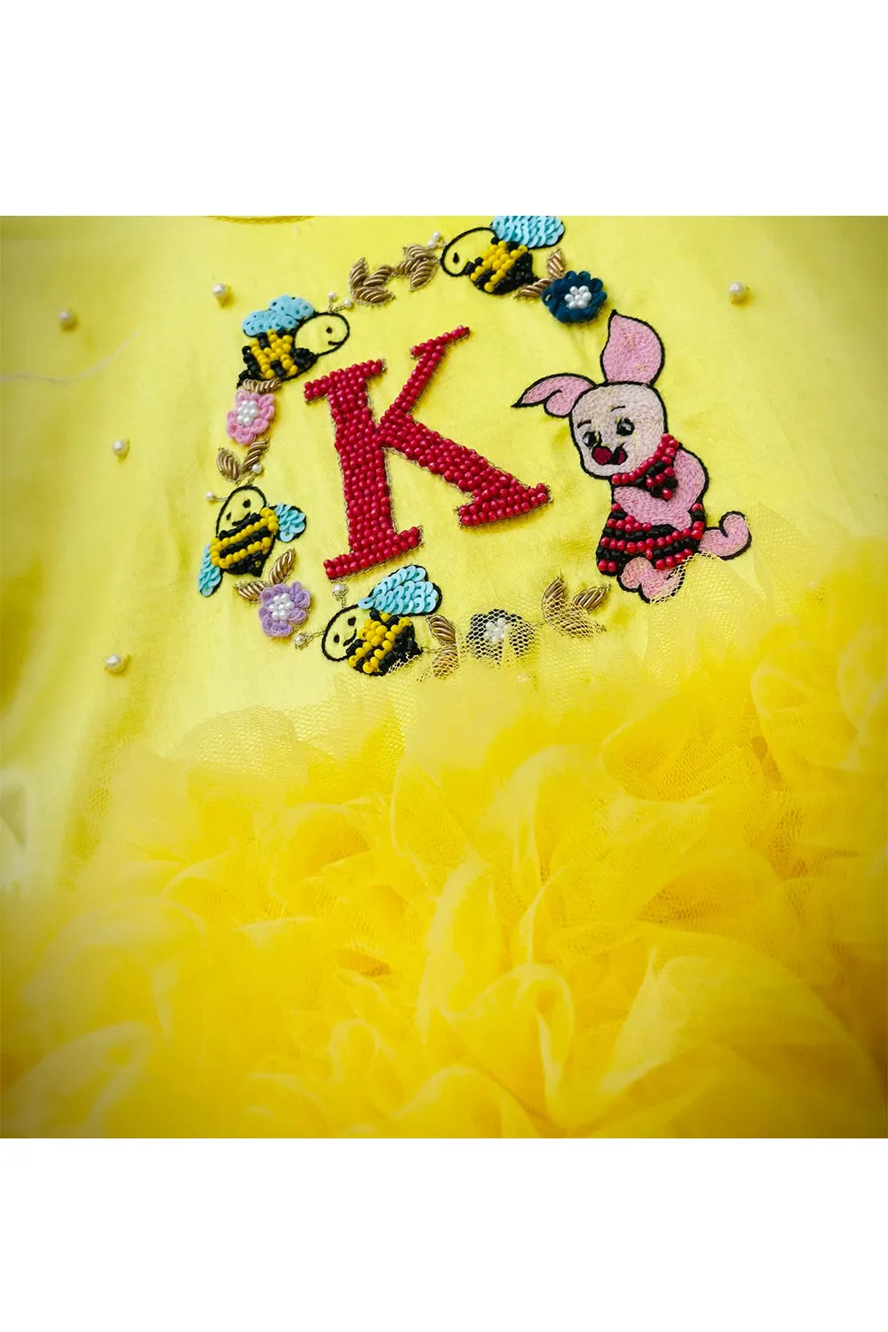Personalised yellow honey bee motif embroidered dress