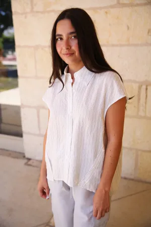 Perth Cap Sleeve Button Pinstripe Blouse White