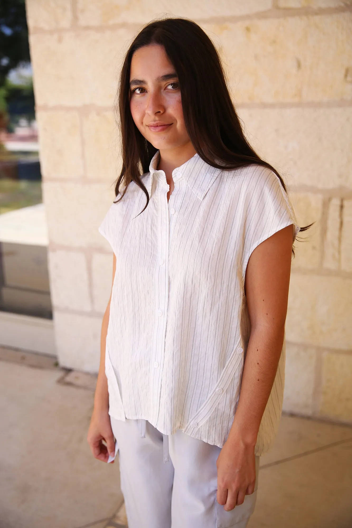 Perth Cap Sleeve Button Pinstripe Blouse White
