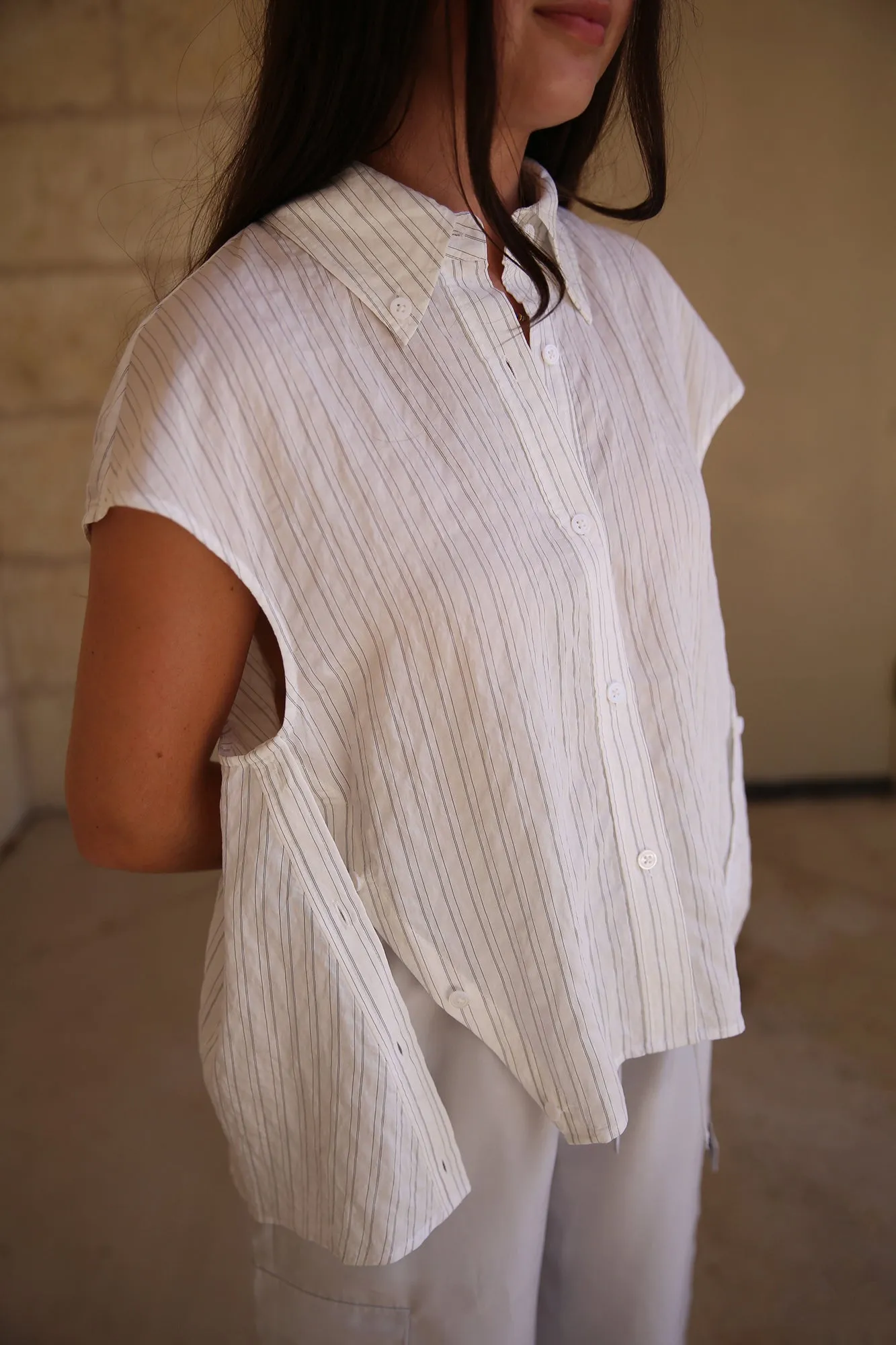 Perth Cap Sleeve Button Pinstripe Blouse White