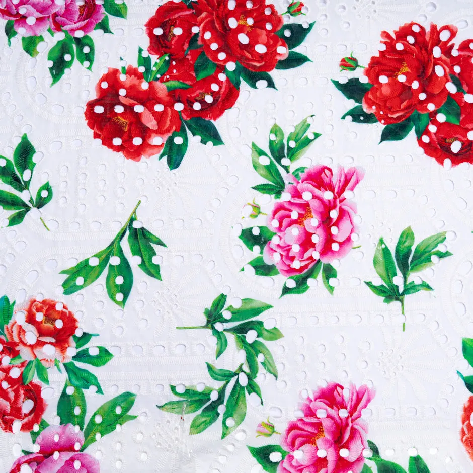 Pink & Red Floral Printed White Broderie Anglaise