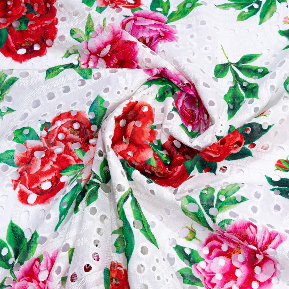 Pink & Red Floral Printed White Broderie Anglaise