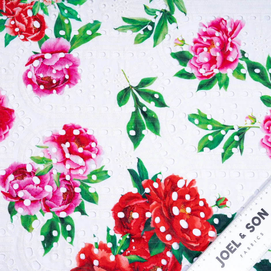 Pink & Red Floral Printed White Broderie Anglaise