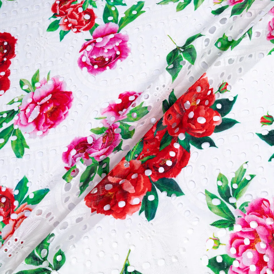 Pink & Red Floral Printed White Broderie Anglaise