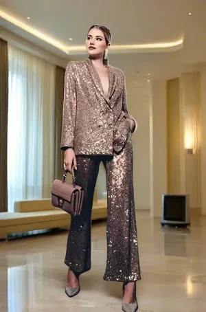 Prom Sets Loose Glitter Sequin Women Suits Pants Set 2 Pcs Blazer Trouser Coat Double Breasted