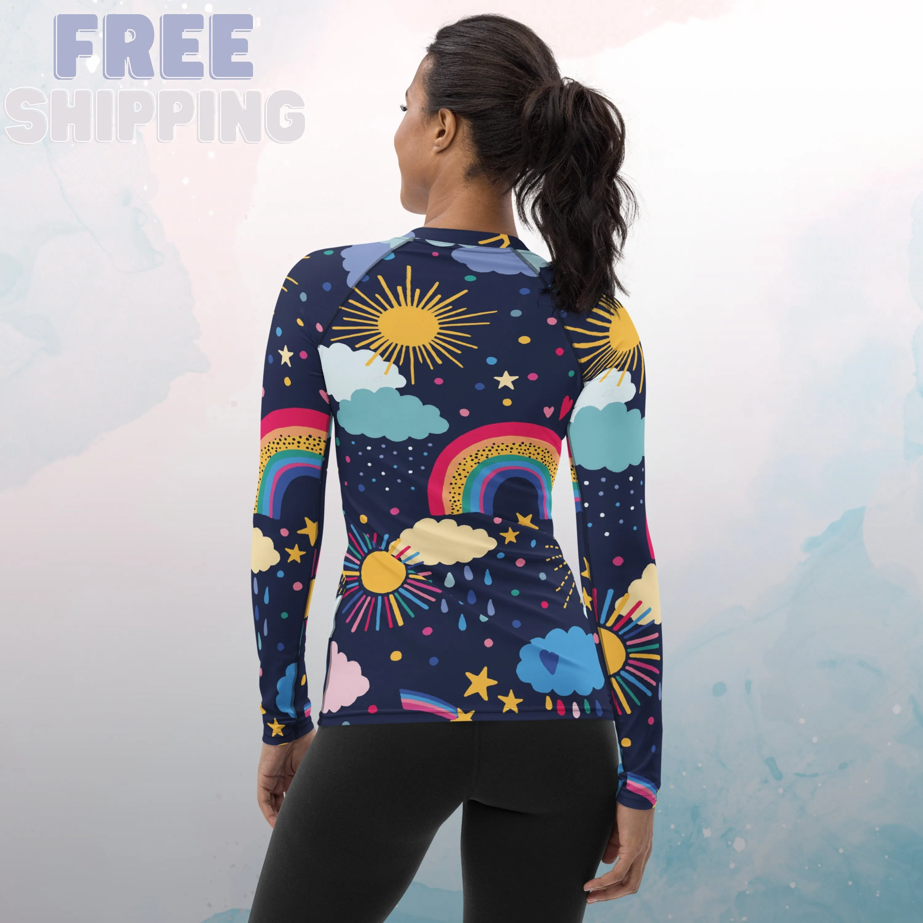 Rainbows and Rain Clouds Weather Themed Womens Rash Guard