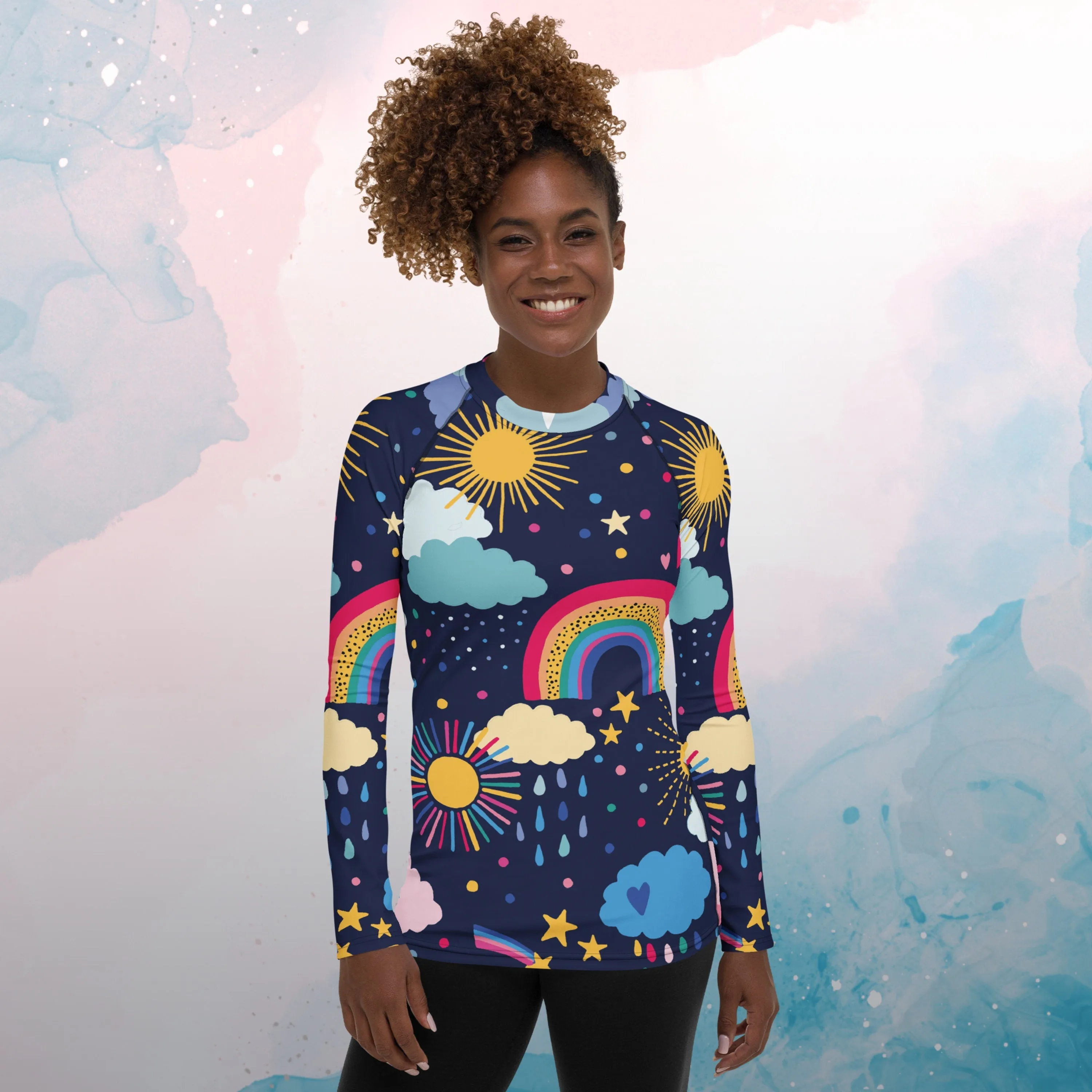 Rainbows and Rain Clouds Weather Themed Womens Rash Guard