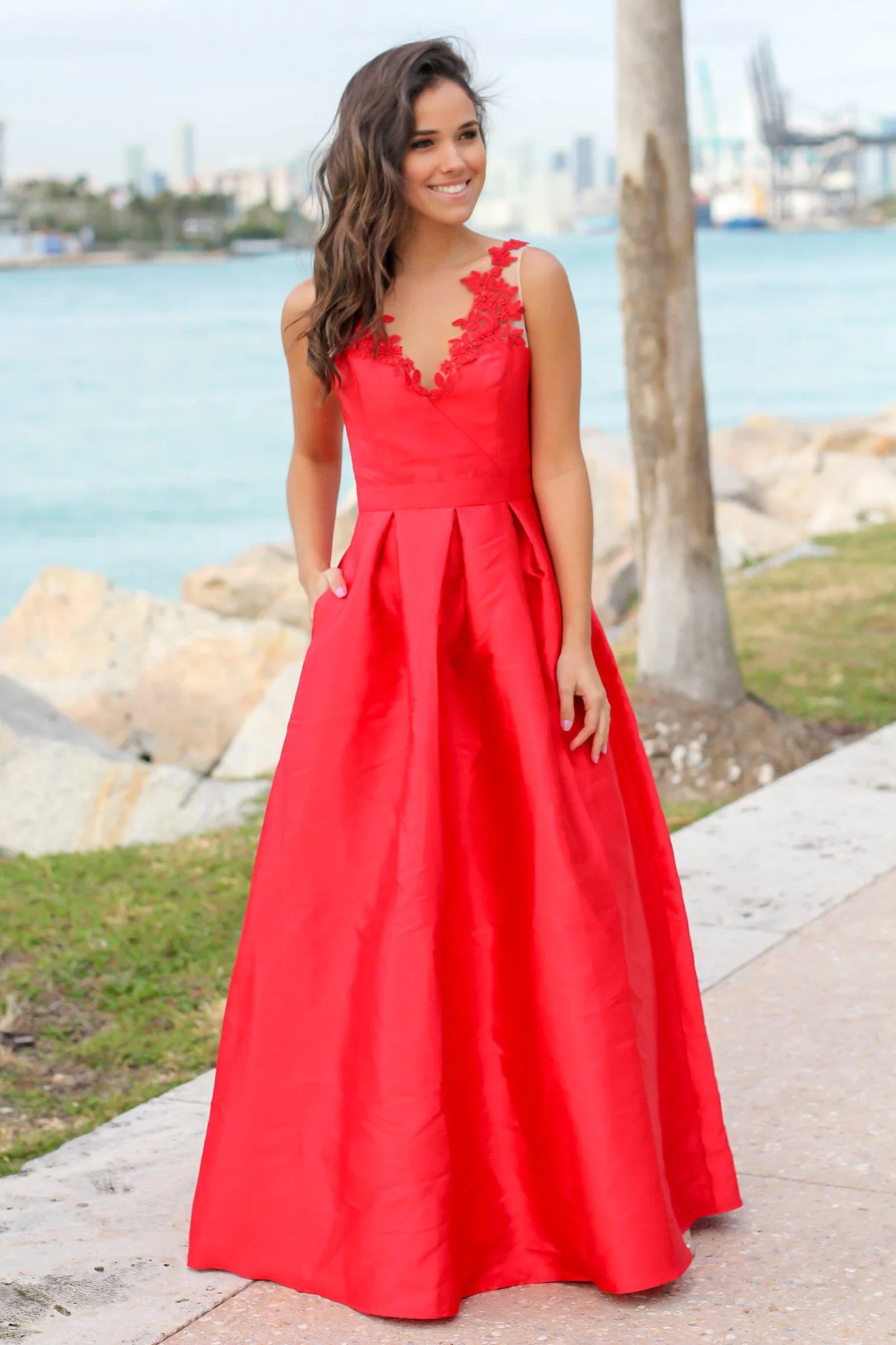Red Maxi Dress with Embroidered Detail