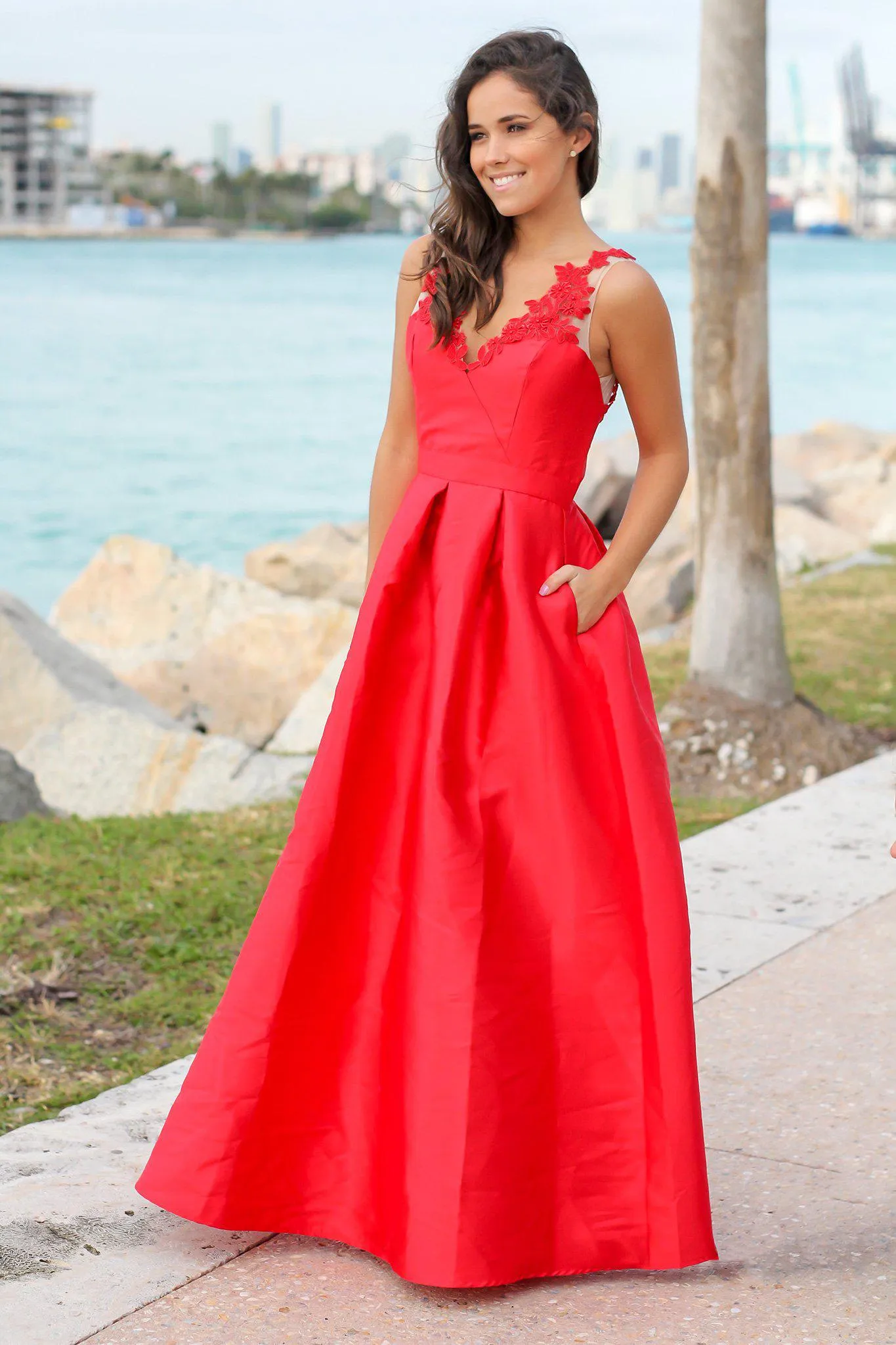 Red Maxi Dress with Embroidered Detail