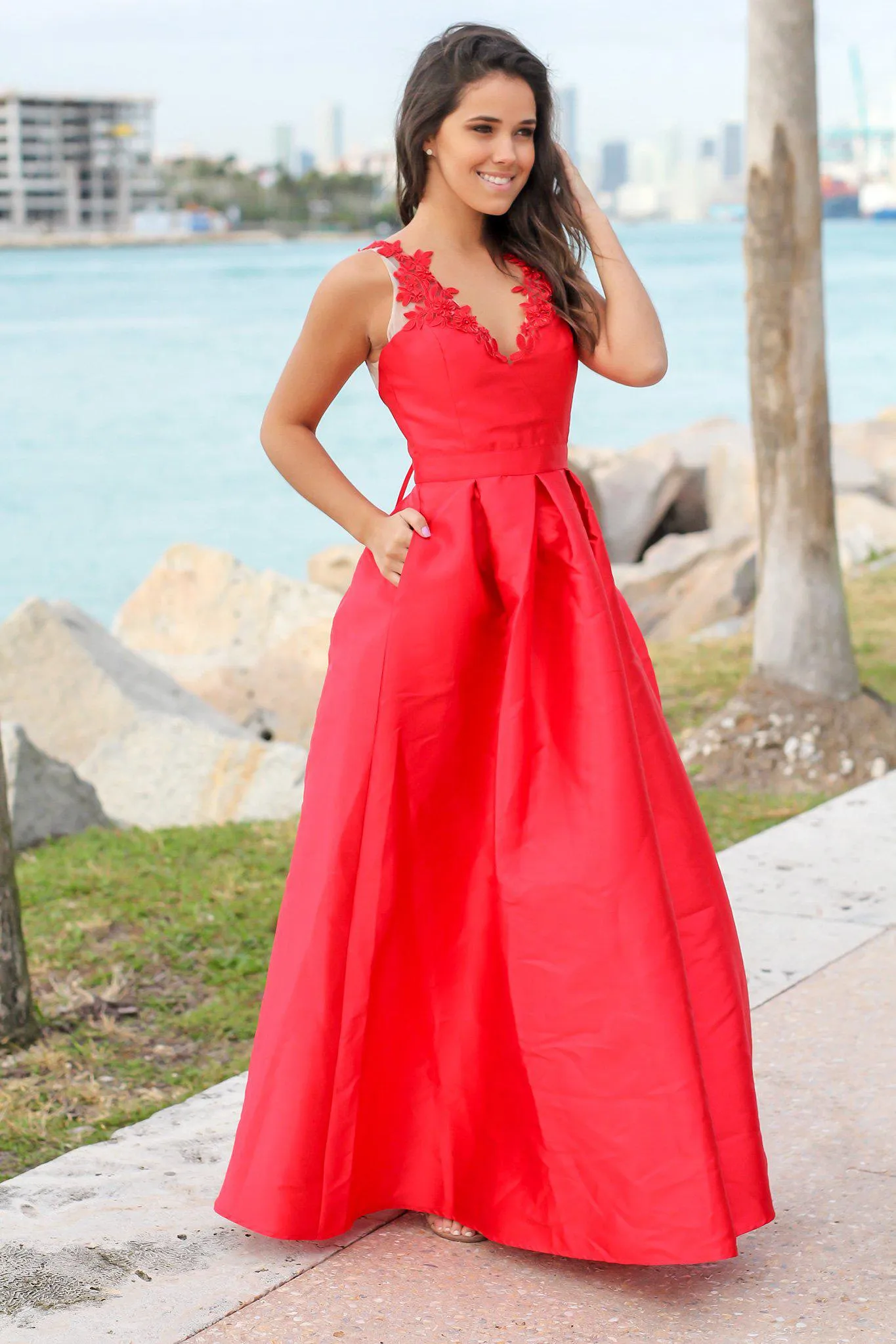 Red Maxi Dress with Embroidered Detail