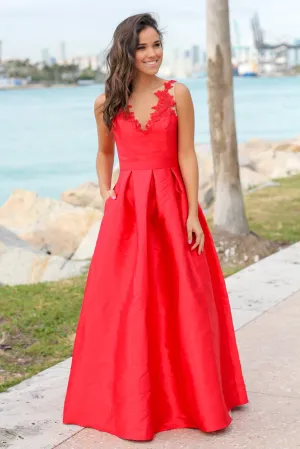 Red Maxi Dress with Embroidered Detail