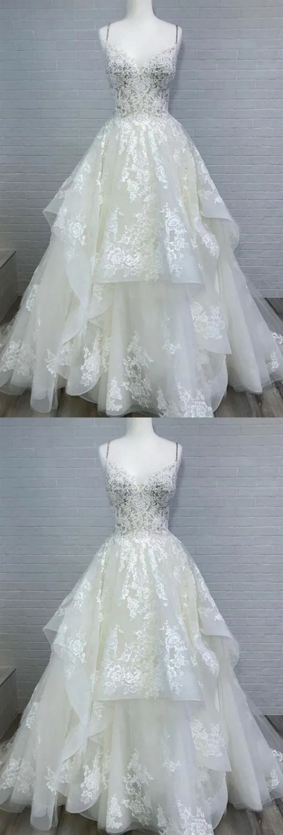 Spaghetti Straps Lace Ball Gown Wedding Dress