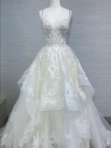 Spaghetti Straps Lace Ball Gown Wedding Dress