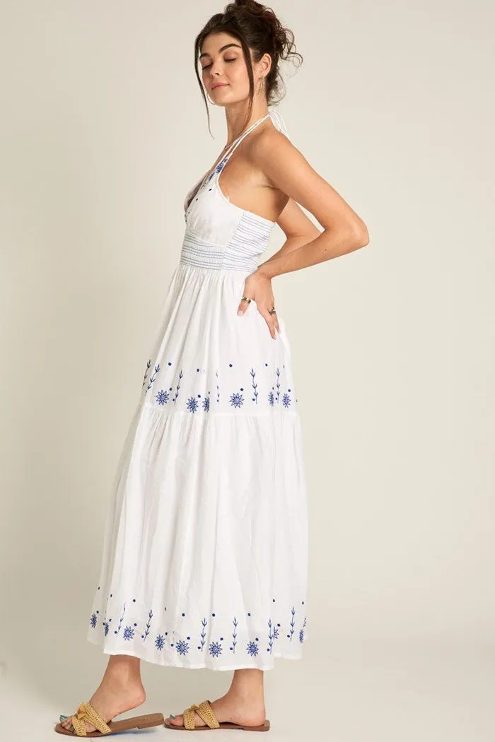 Strappy Halter Embroidered Midi Dress