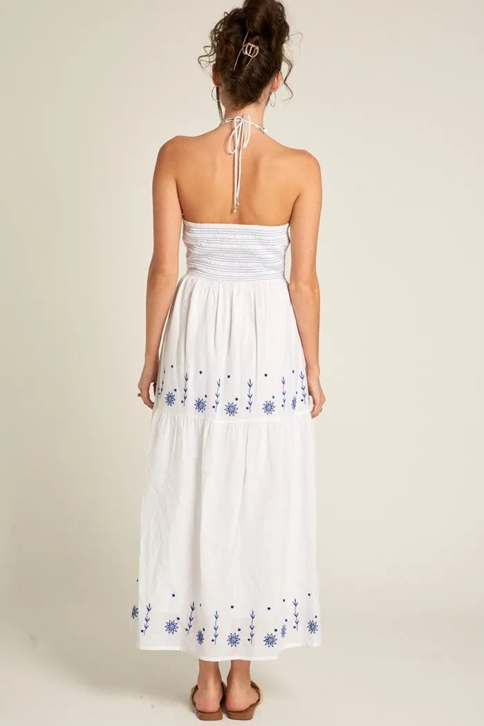 Strappy Halter Embroidered Midi Dress