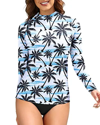Sun Protection Swim Shirt Swimsuit Top Long Sleeve Swim Shirts For Women-Black Palm Tree