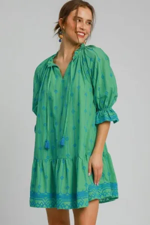 Tassel Embroidered Flounce Sleeve Mini Dress