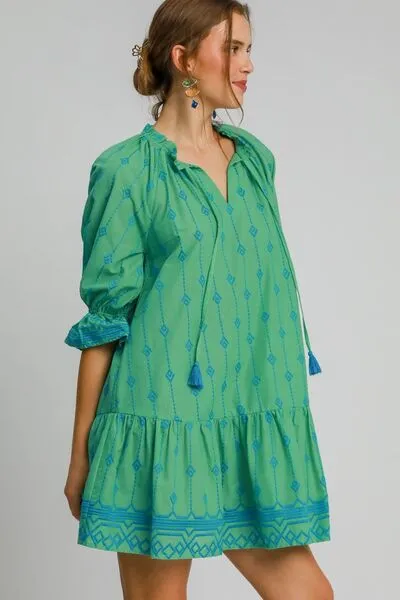 Tassel Embroidered Flounce Sleeve Mini Dress