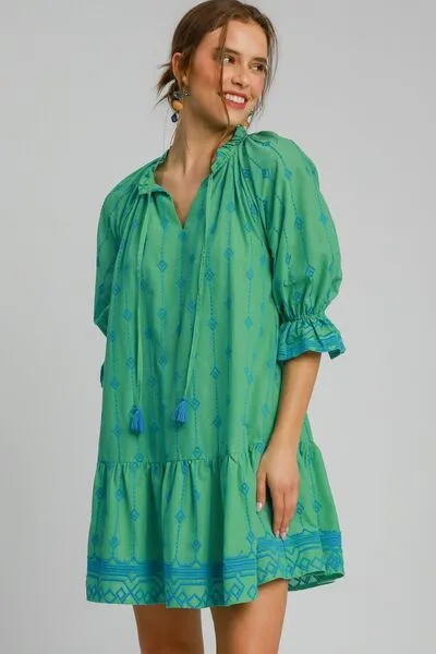 Tassel Embroidered Flounce Sleeve Mini Dress