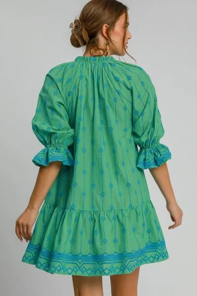Tassel Embroidered Flounce Sleeve Mini Dress