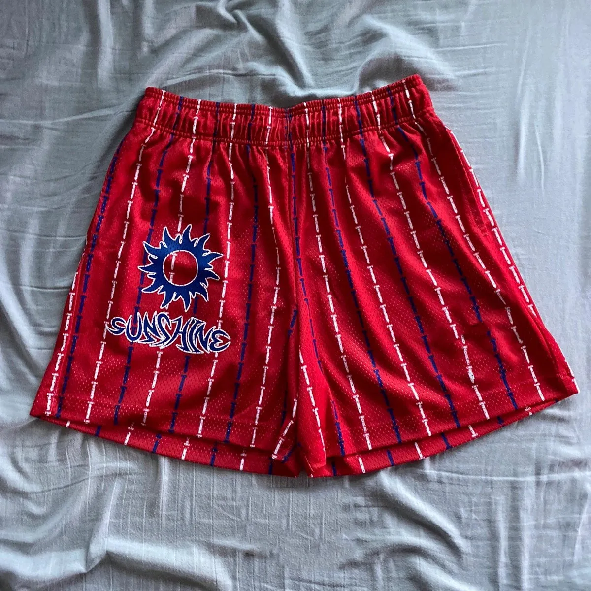Trendy striped print mesh track shorts