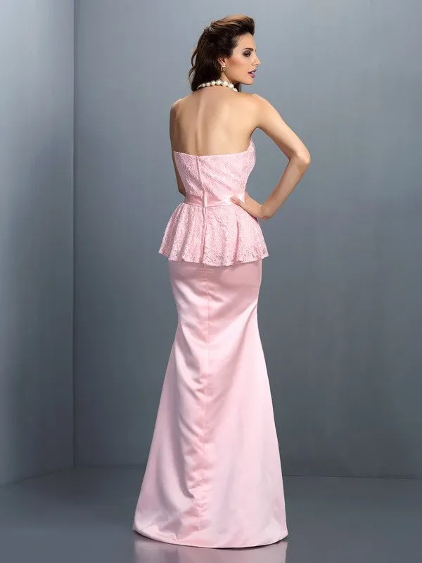 Trumpet/Mermaid Sweetheart Lace Sleeveless Long Satin Bridesmaid Dresses
