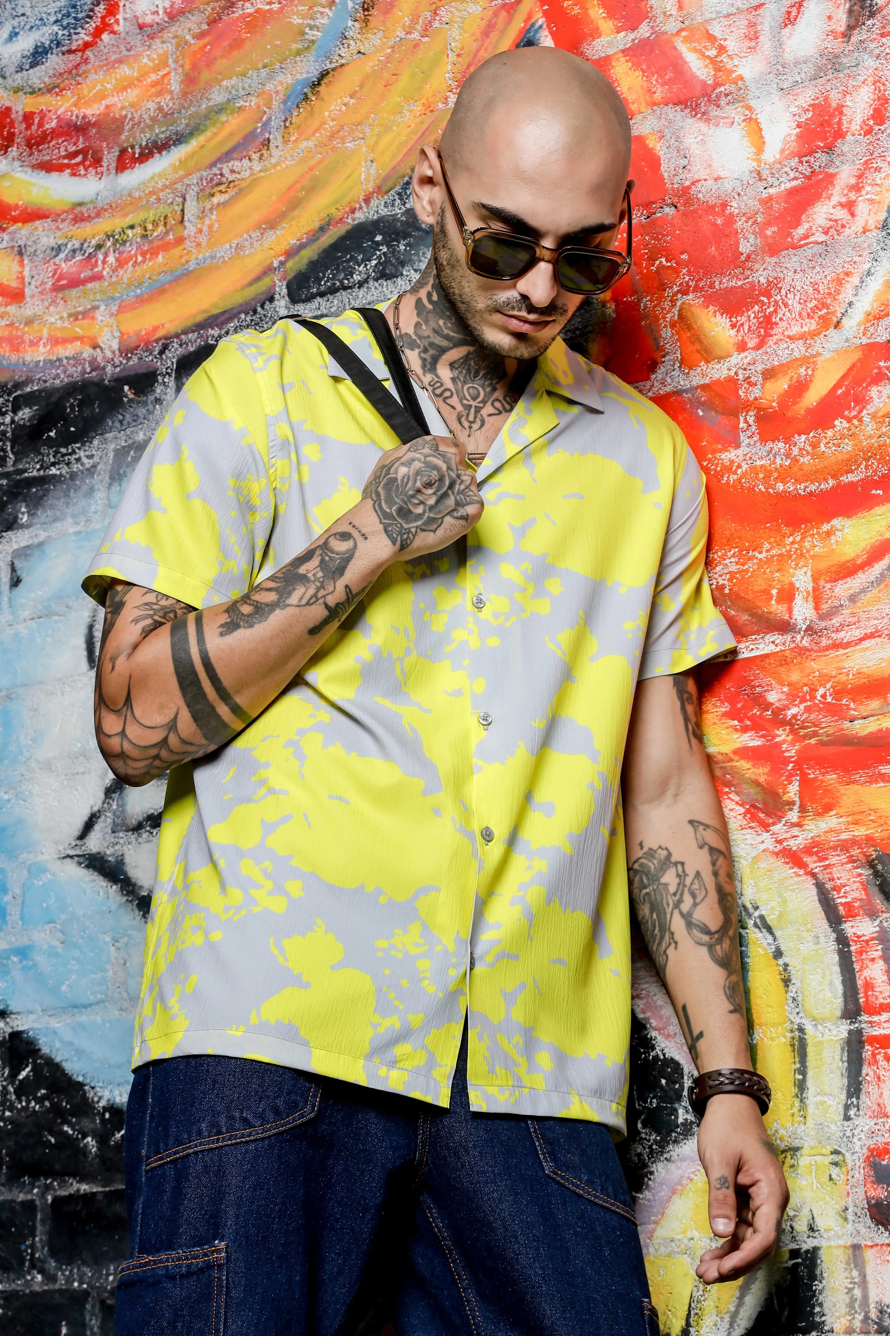 Unisex Oversized Fit Cuban Collar Abstract Printed Casual Shirt