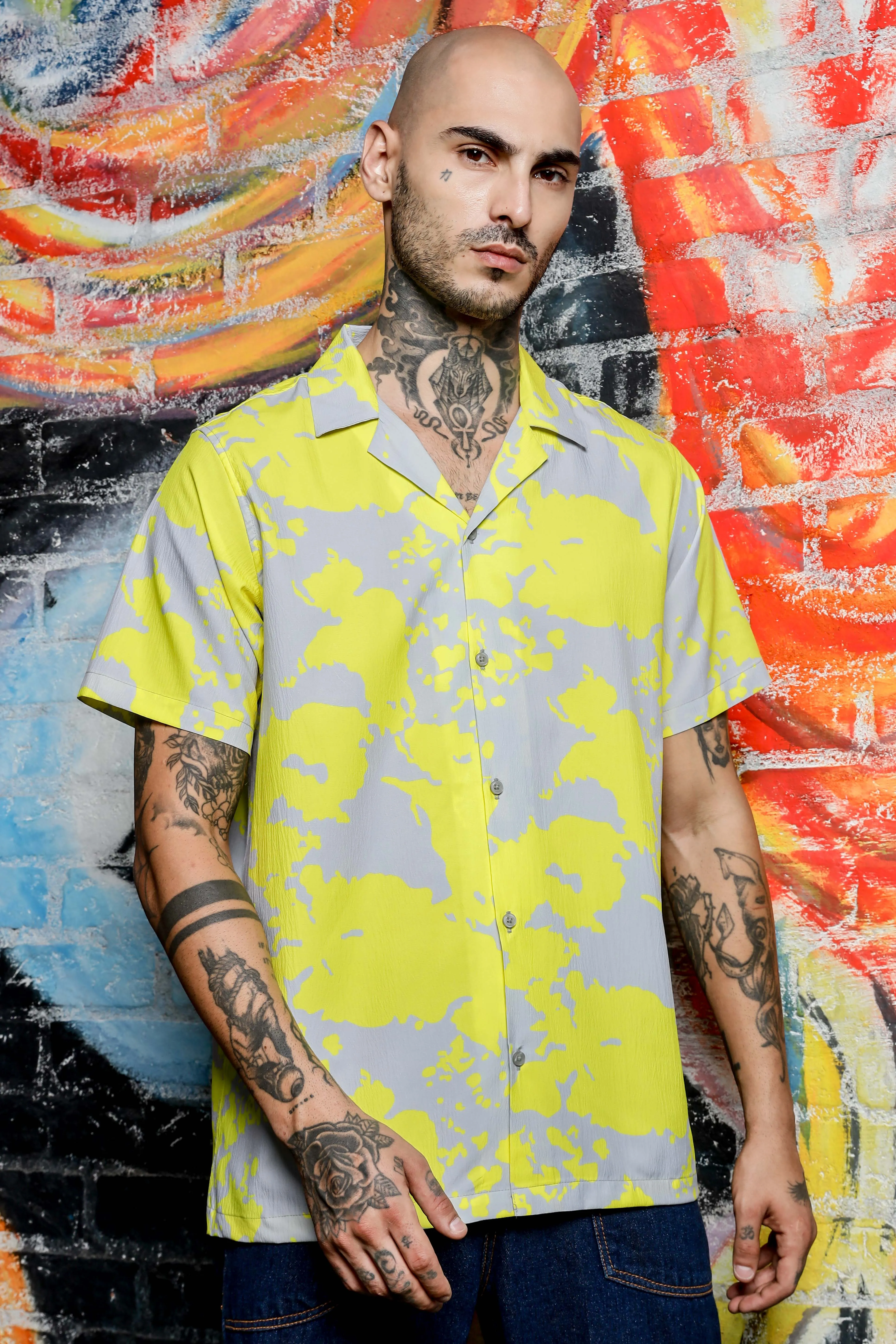 Unisex Oversized Fit Cuban Collar Abstract Printed Casual Shirt