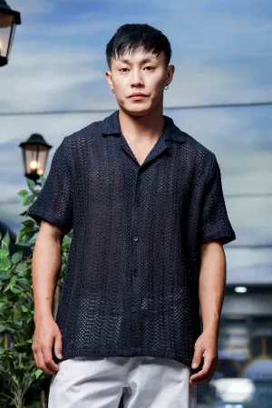 Unisex Relaxed Fit Black Cotton Crochet Resort Shirt