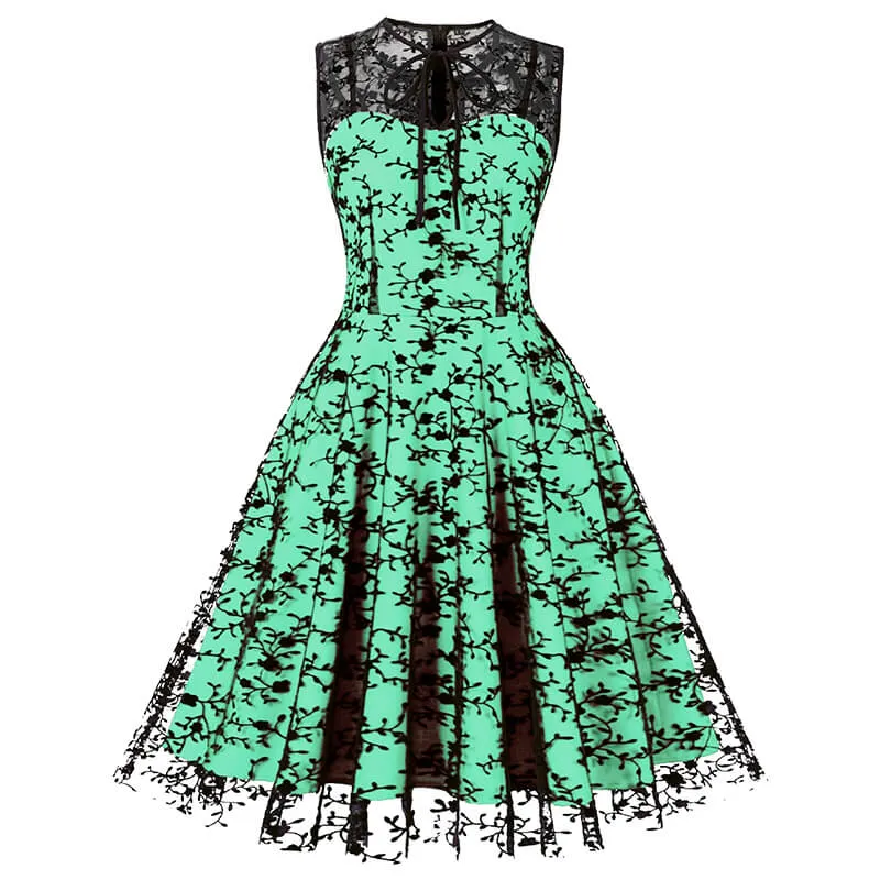 Vintage Mesh Embroidered Sleeveless Dress