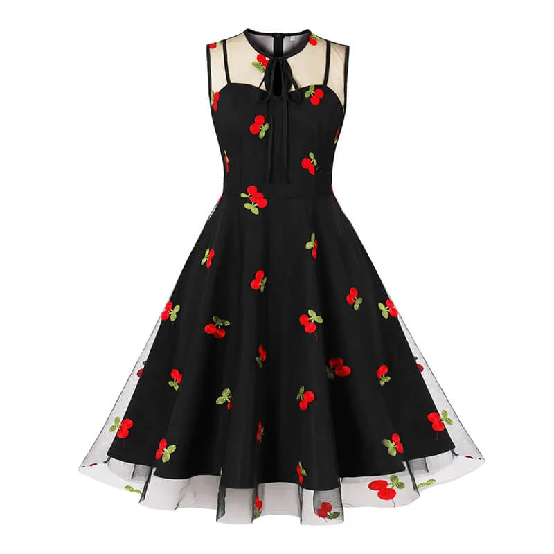 Vintage Mesh Embroidered Sleeveless Dress