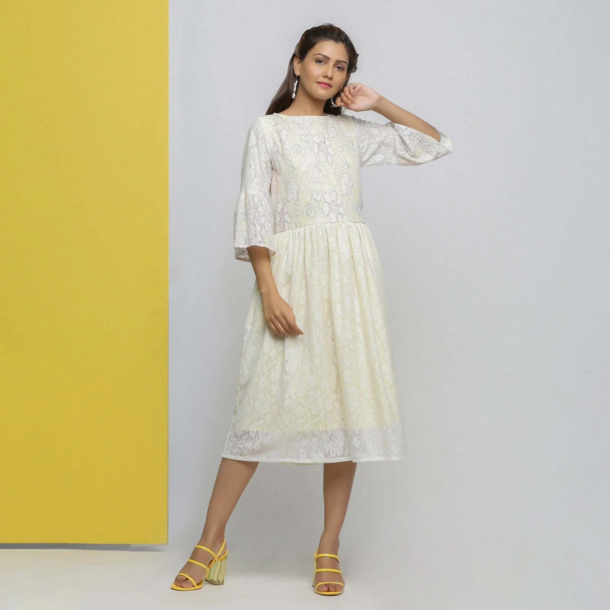 White Cotton Hand-Embroidered Yoked Dress