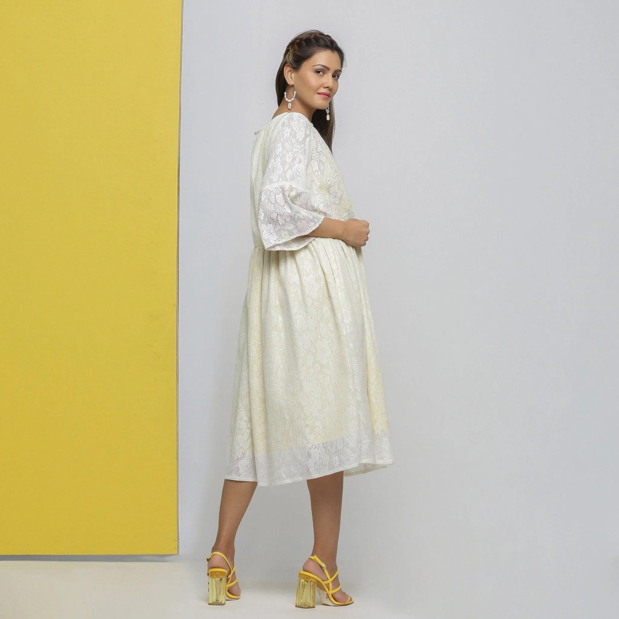 White Cotton Hand-Embroidered Yoked Dress