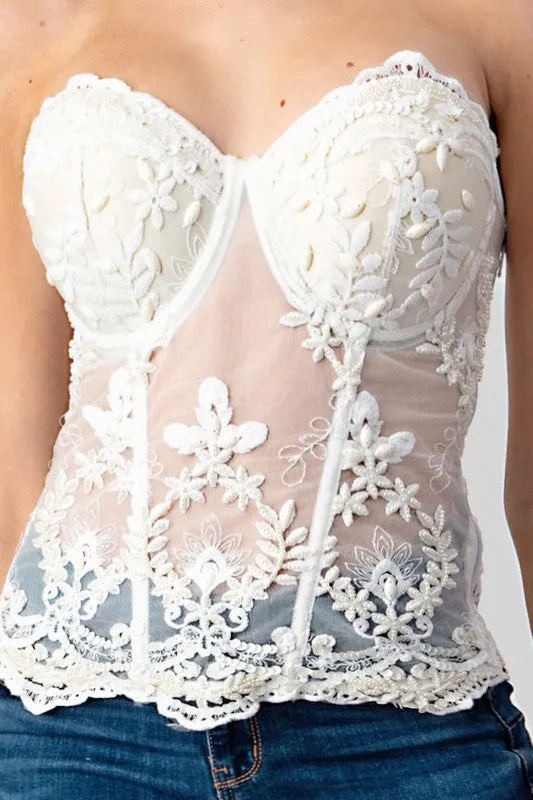 White Sequins Mesh Corset