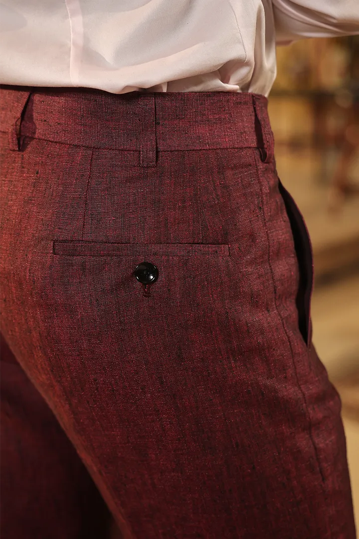 Wine Looped Button Bottom Linen Pants