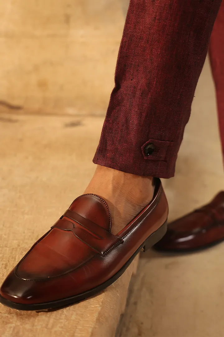 Wine Looped Button Bottom Linen Pants