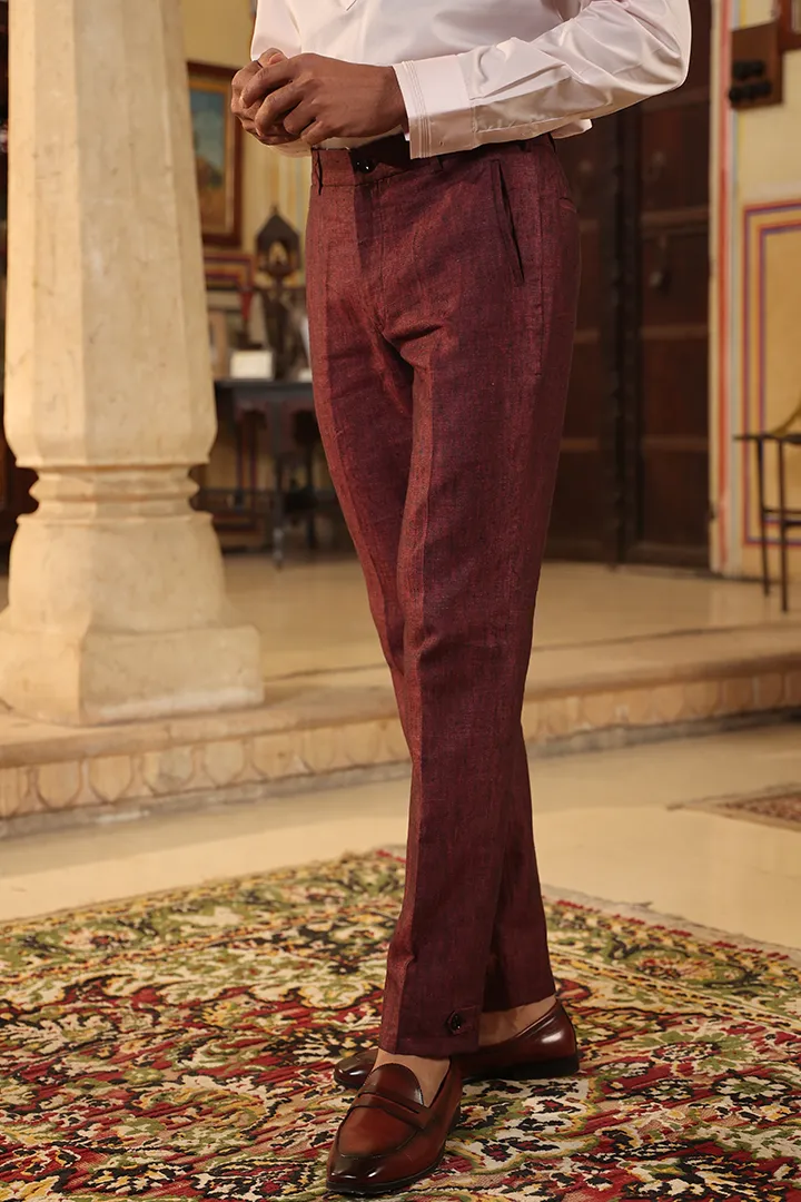 Wine Looped Button Bottom Linen Pants