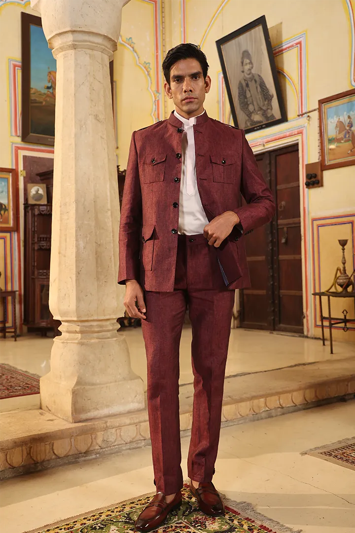 Wine Looped Button Bottom Linen Pants