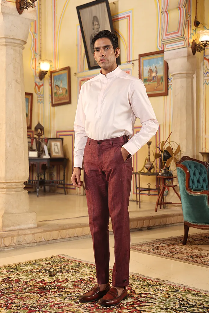 Wine Looped Button Bottom Linen Pants