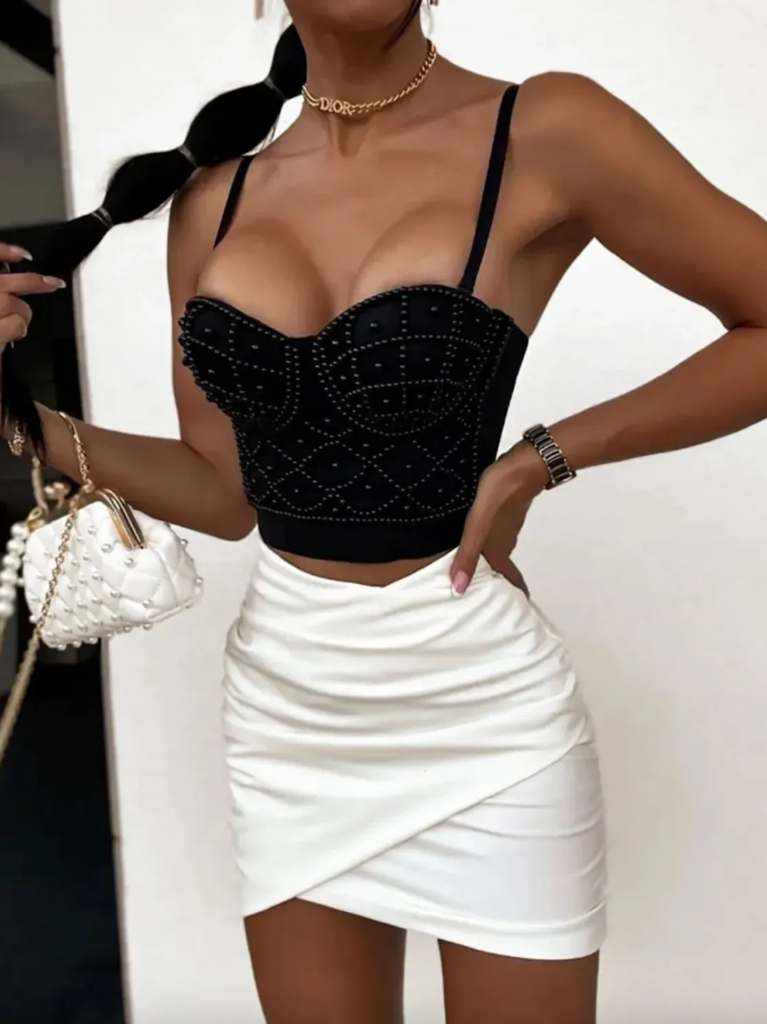 Women's Summer Slim Embroidered Short Strap Faux Pearl Beaded Bustier Corset Cami Top